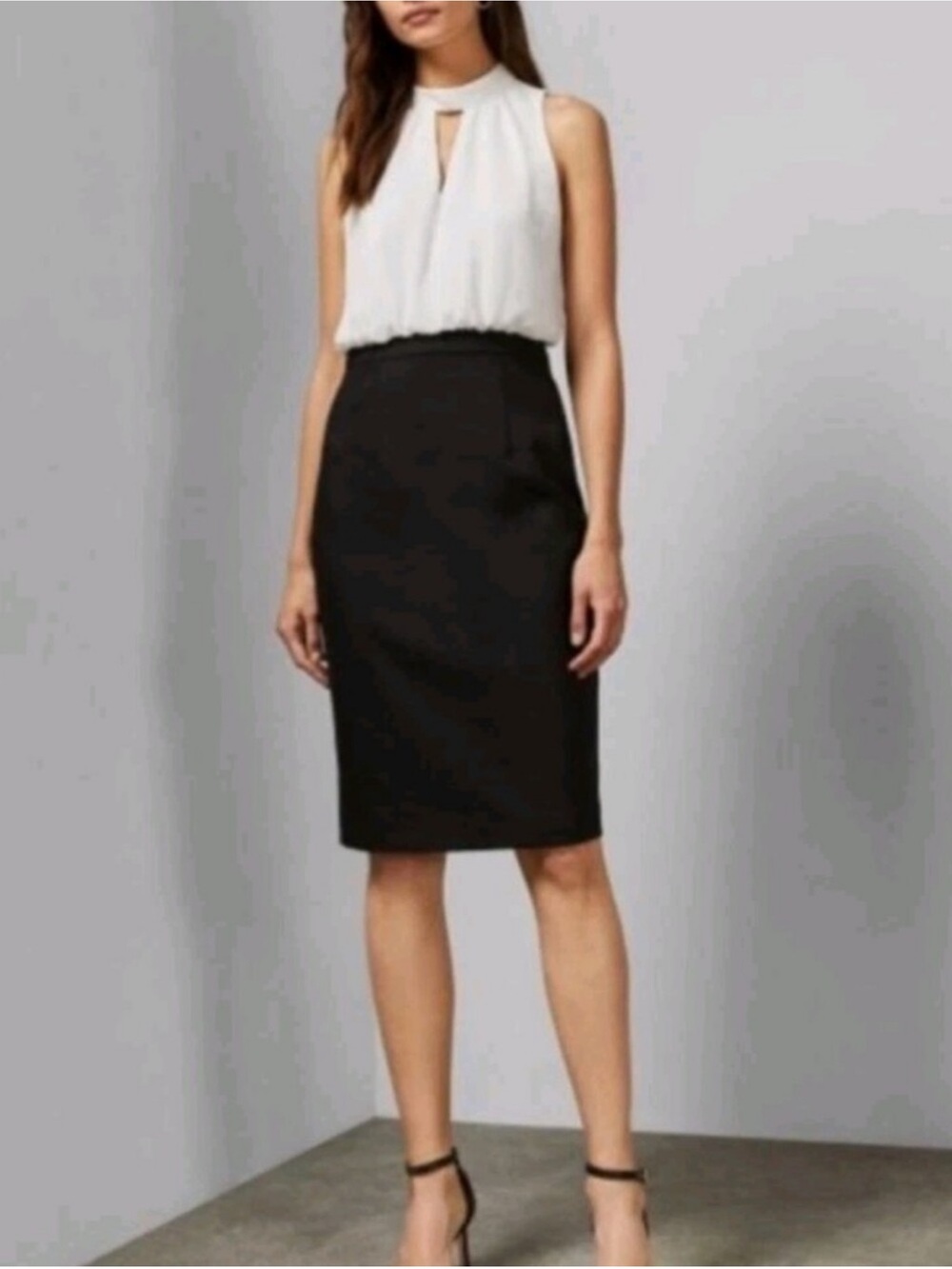 Ted Baker Tuxedo Cocktail Dress - White sleeveless top - black pencil skirt